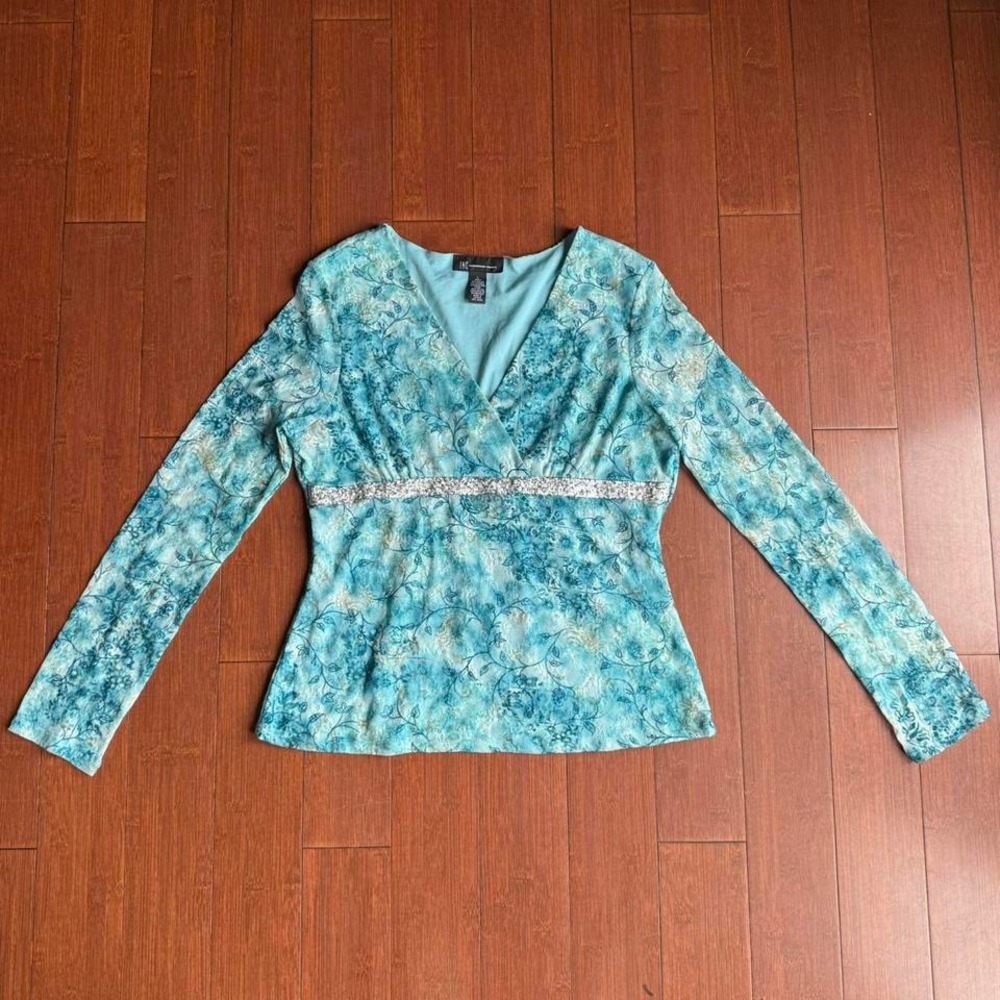 Blue Floral Long Sleeve Babydoll‎ Blouse